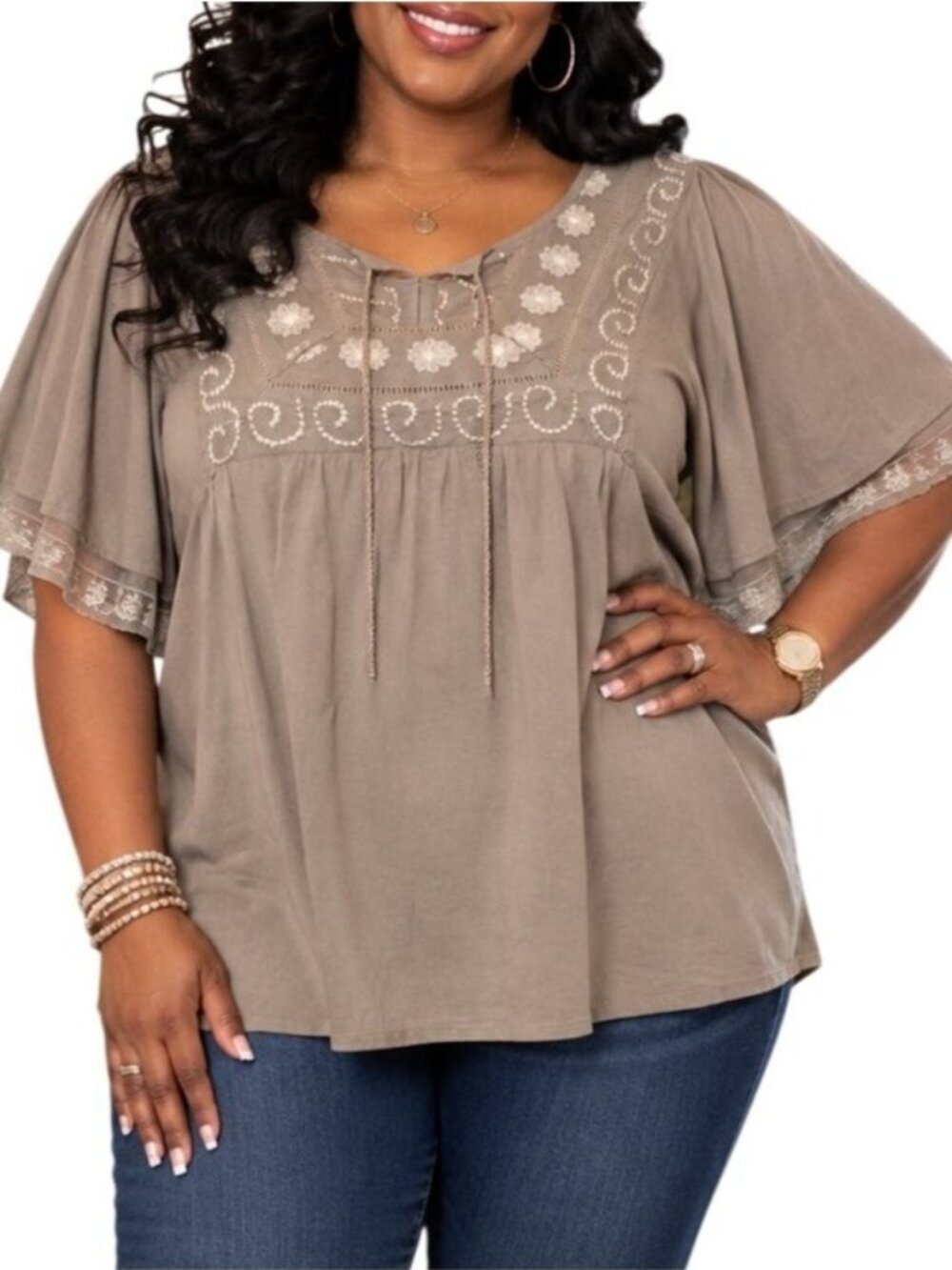 Tantrums Size Large Top Boho Peasant Embroidered Cape Sleeves Tan Cotton